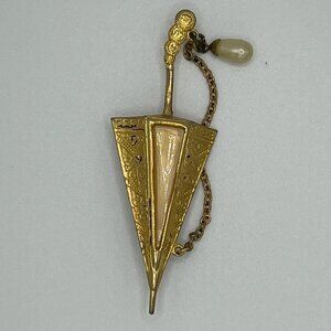 Damascene Vintage Umbrella Style Mother of Pearl Gold Brooch / Pin